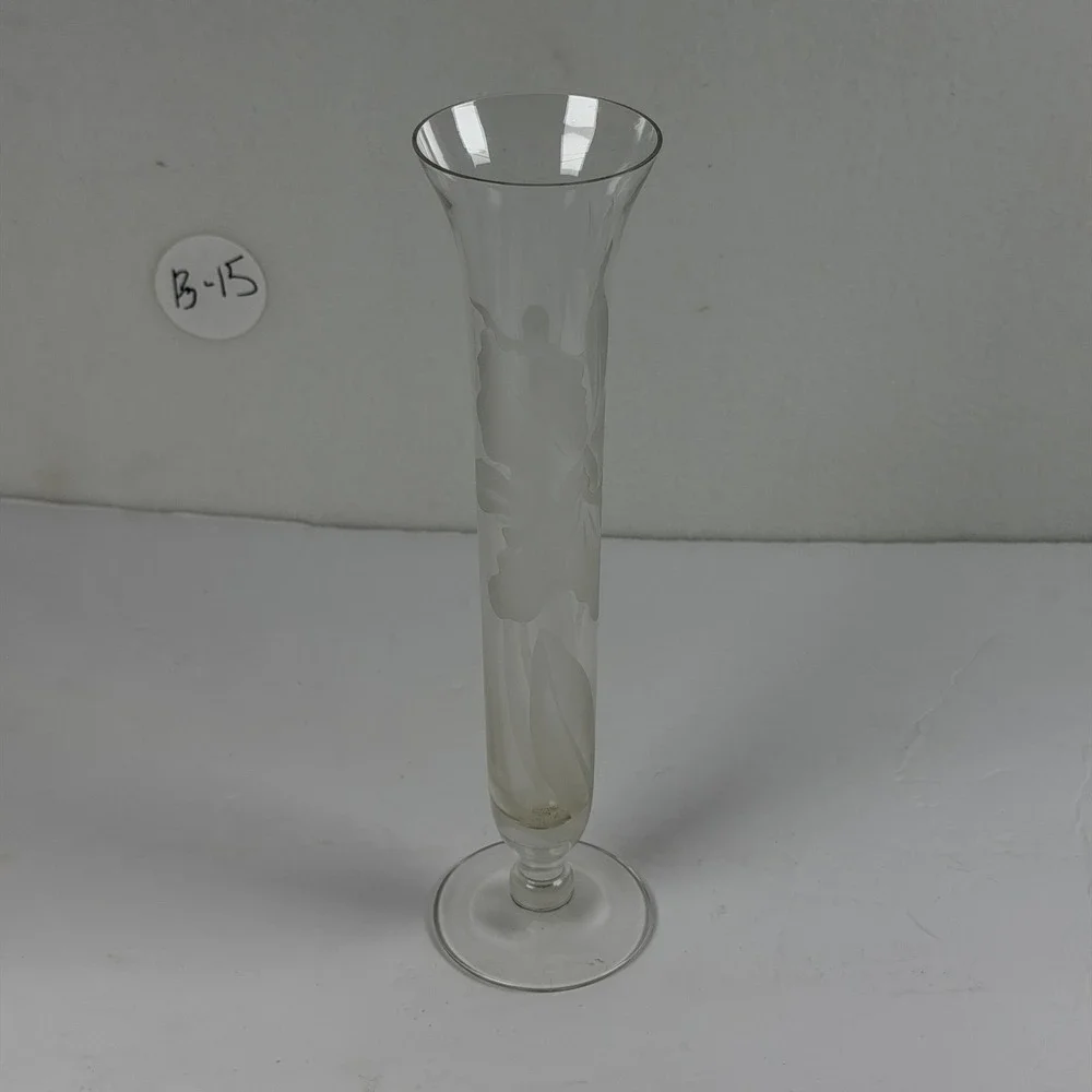 Vintage Etched Floral Glass Bud Vase Tall Pedestal Base B-15